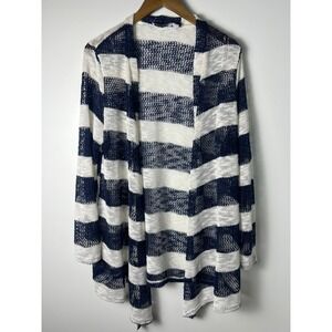 Retro Threads Wm XL‎ Navy Blue White Striped Open Knit Cardigan Sweater Boho Y2K